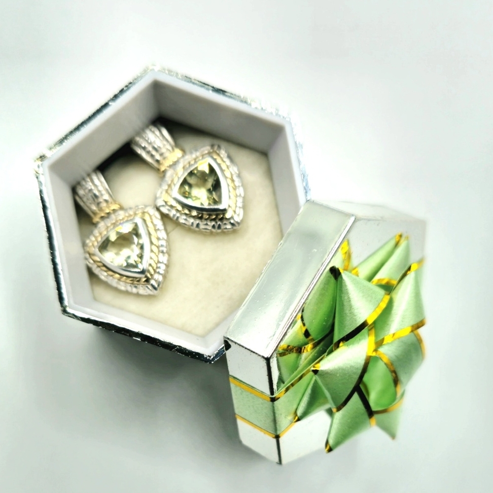 Beautiful Sterling Silver and 18K Gold Green Amethyst Drop Earrings